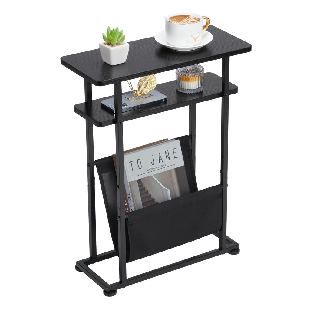 ZEXVIDA Narrow Small Side Table for Small Spaces - Slim End Table with Magazine Rack - Narrow End Table Living Room Couch Side Table- Skinny Bedside Table Nightstand Bedroom Thin Table (Black)