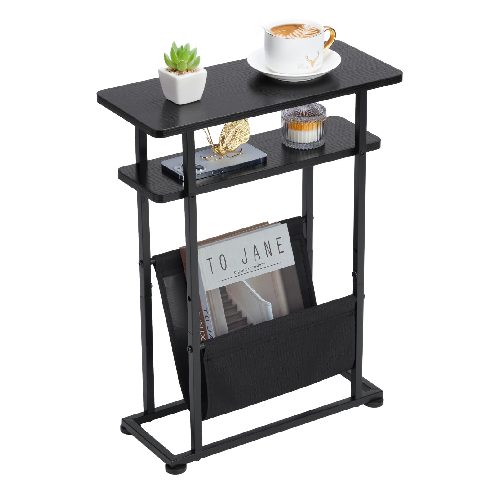 ZEXVIDA Narrow Small Side Table for Small Spaces - Slim End Table with Magazine Rack - Narrow End Table Living Room Couch Side Table- Skinny Bedside Table Nightstand Bedroom Thin Table (Black)