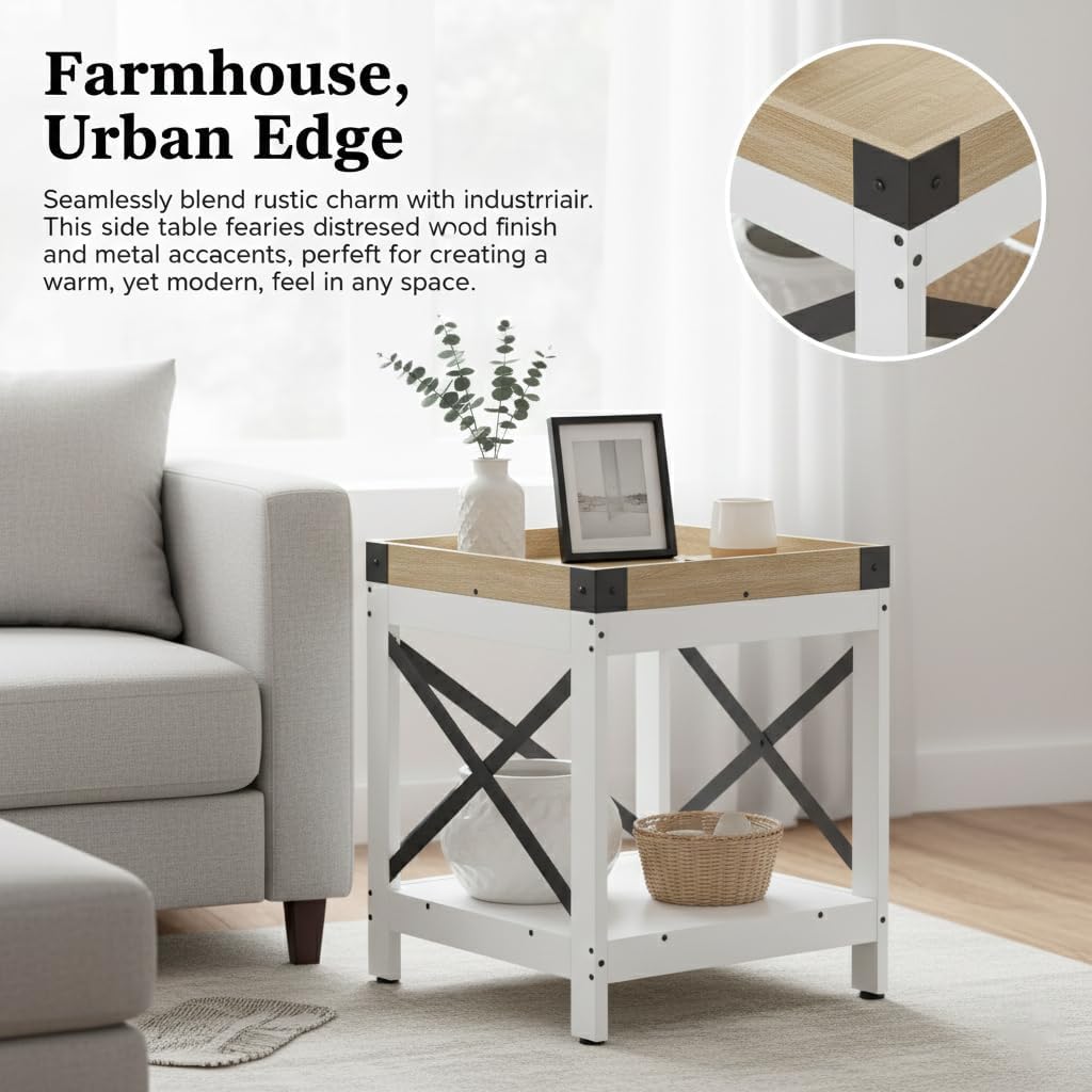 Farmhouse Square Side Table with 2-Tier Storage Shelf,Large End Table Modern Sofa Table with X-Metal Frame Industrial Coffee Table Nightstand for Living Room Bedroom Office and Small Spaces,White+Oak