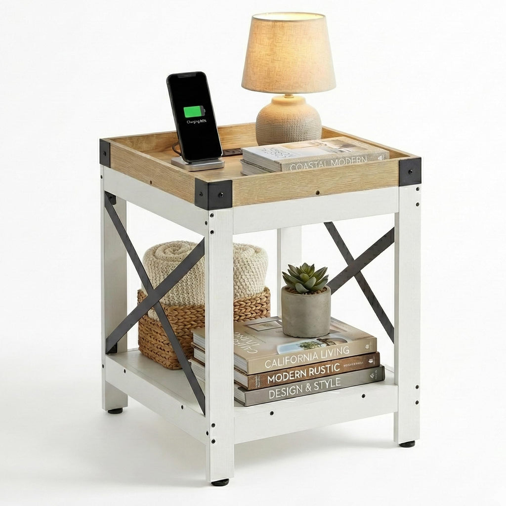Farmhouse Side Table with Charging Station,Square End Table with 2-Tier Storage Shelf, Sofa Table With X-Metal Frame,Coffee Table Nightstand for Living Room Bedroom Small Spaces,Black,White+oak