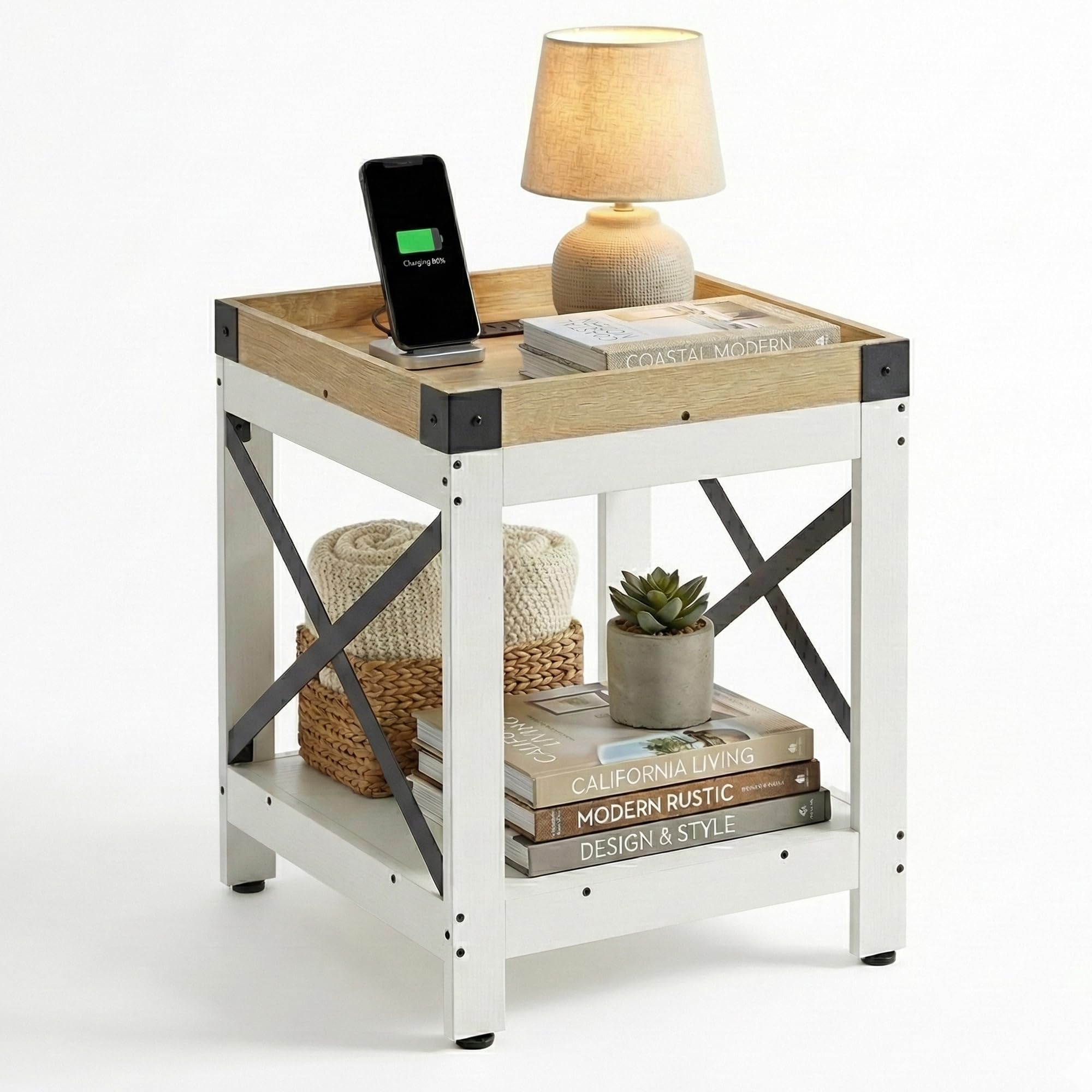 Farmhouse Side Table with Charging Station,Square End Table with 2-Tier Storage Shelf, Sofa Table With X-Metal Frame,Coffee Table Nightstand for Living Room Bedroom Small Spaces,Black,White+oak
