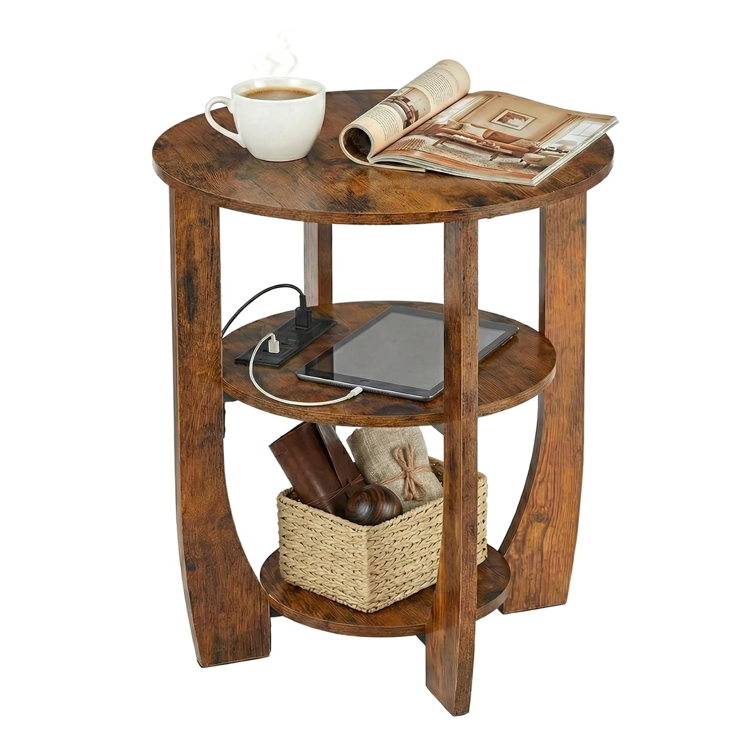 ZEXVIDA Round Side Table with Charging Station,3 Tier End Table with USB Ports & Outlets,19.7" Nightstand for Bedroom,Living Room,Small Spaces,Rustic Brown Wood Look Accent Table