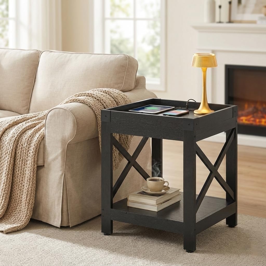 Farmhouse Side Table with Charging Station,Square End Table with 2-Tier Storage Shelf, Sofa Table With X-Metal Frame Industrial Coffee Table Nightstand for Living Room Bedroom Small Spaces,Black