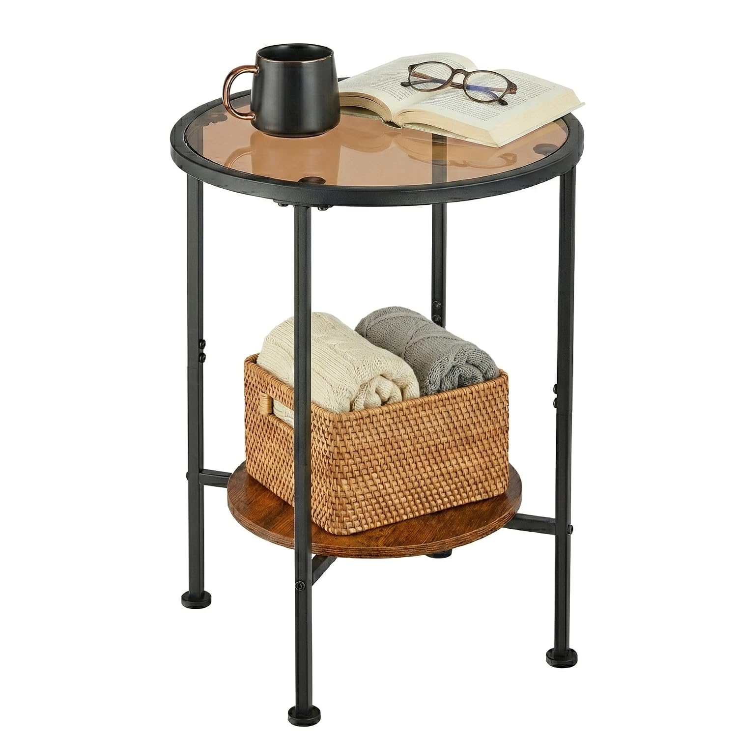 ZEXVIDA Round Side Table with Tempered Amber Glass Top, 2 Tier Vintage Industrial End Table with Rustic Wood Shelf, Bronze Tinted Bedside Table with Black Metal Frame for Living Room, Small Spaces