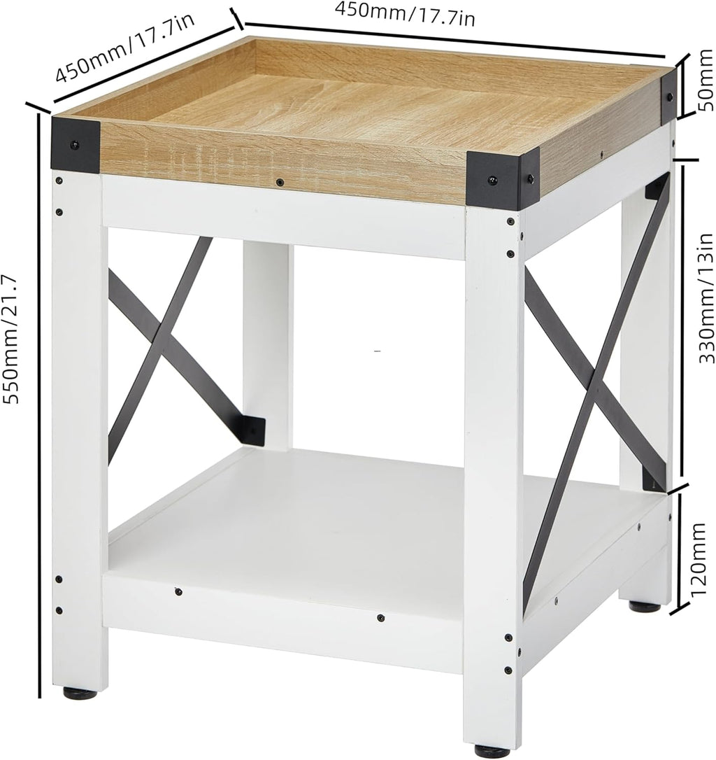 Farmhouse Square Side Table with 2-Tier Storage Shelf,Large End Table Modern Sofa Table with X-Metal Frame Industrial Coffee Table Nightstand for Living Room Bedroom Office and Small Spaces,White+Oak