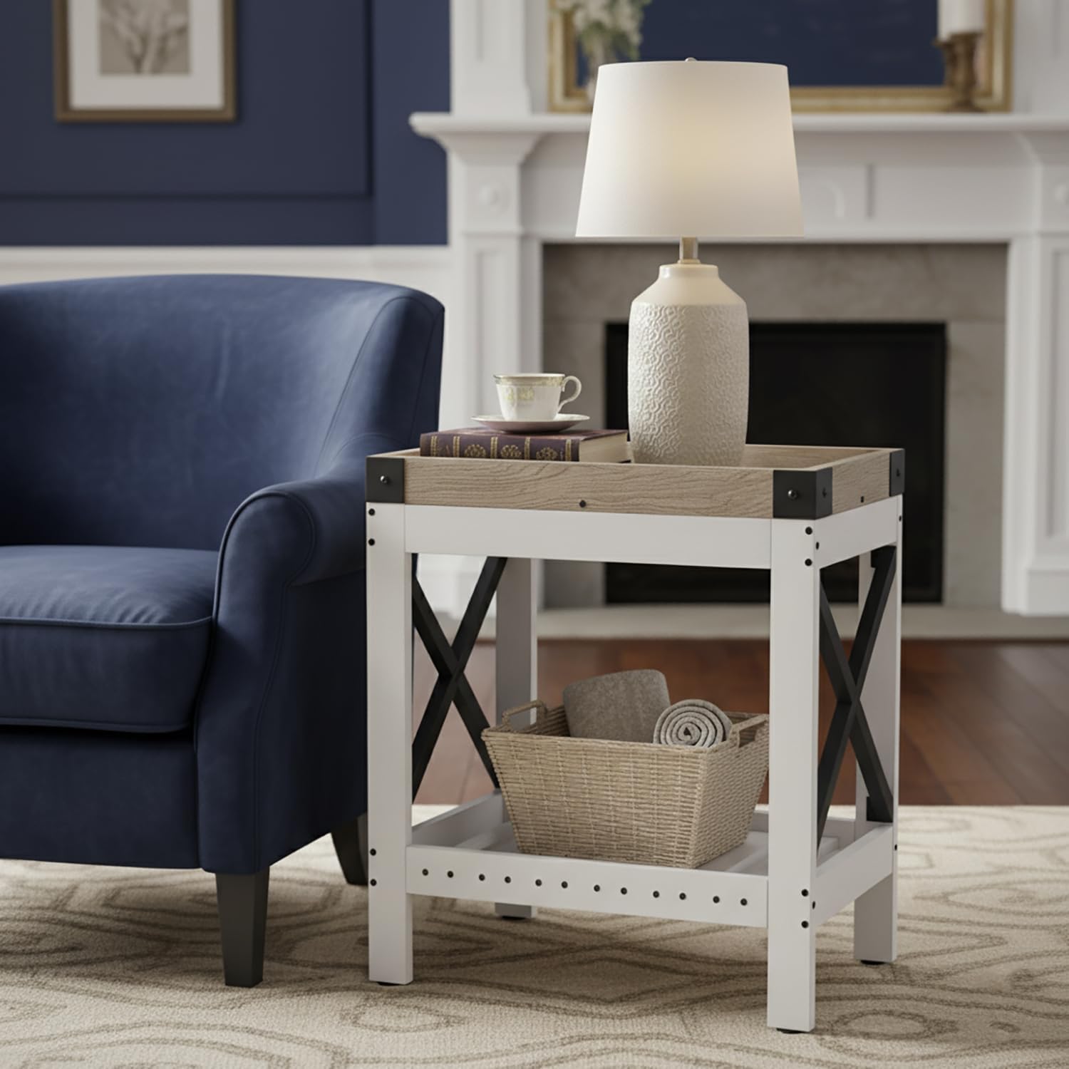 ZEXVIDA Narrow End Table with Charging Station, Modern Farmhouse Side Table with 2 USB Ports & Power Outlets, Slim Industrial Nightstand for Small Spaces, Living Room Sofa & Bedroom, 21.7" L x 10" W