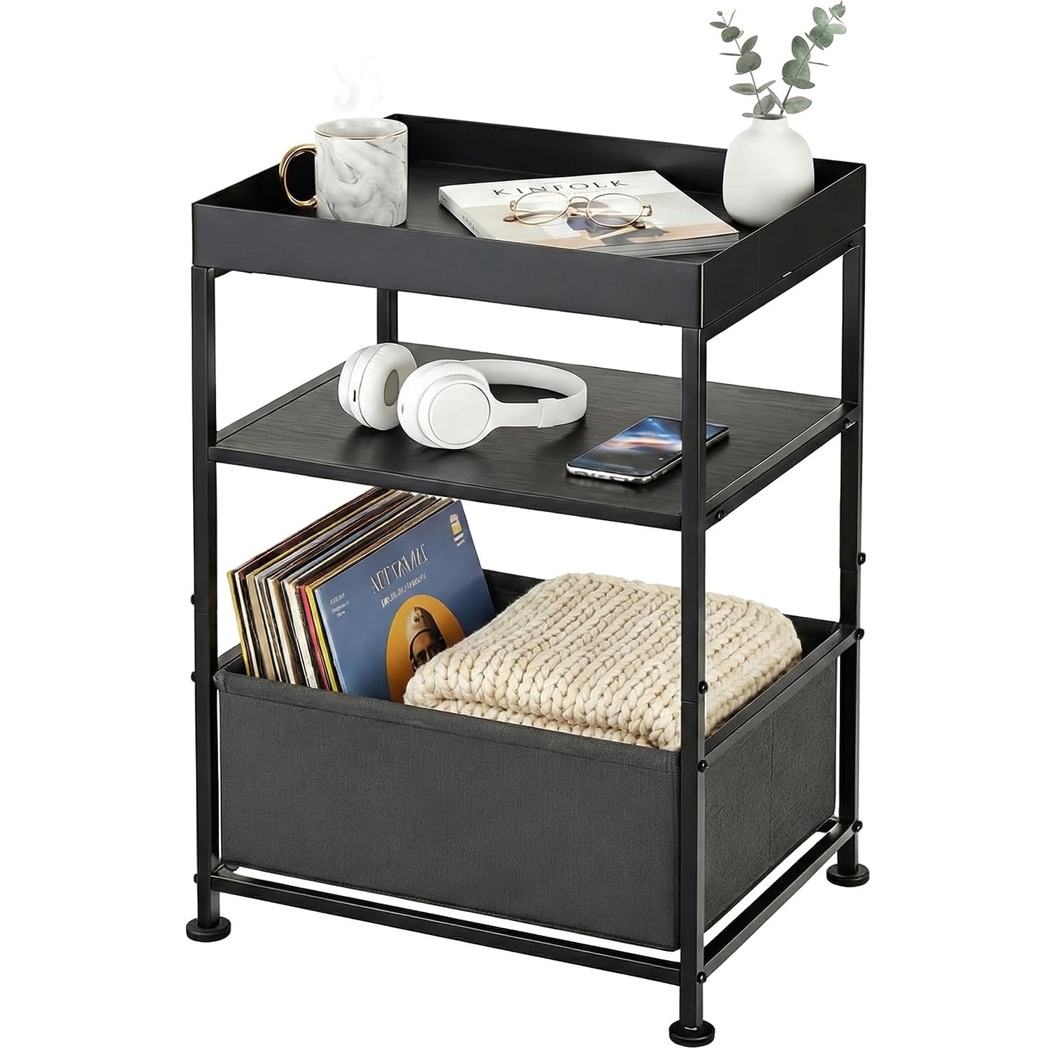 ZEXVIDA Black Side Table with Fabric Bin for Living Room,Small End Table with Tray Top,3 Tier Narrow Bedside Table Nightstand for Bedroom,Gaming Setup,Dorm Essentials, Modern Matte Black Wood Look