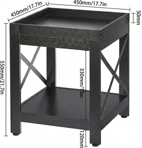 Farmhouse Square Side Table with Open Storage Shelves, Large End Table Modern Sofa Table with X-Metal Frame, Industrial Coffee Table Nightstand for Living Room Bedroom Office Small Spaces, Black