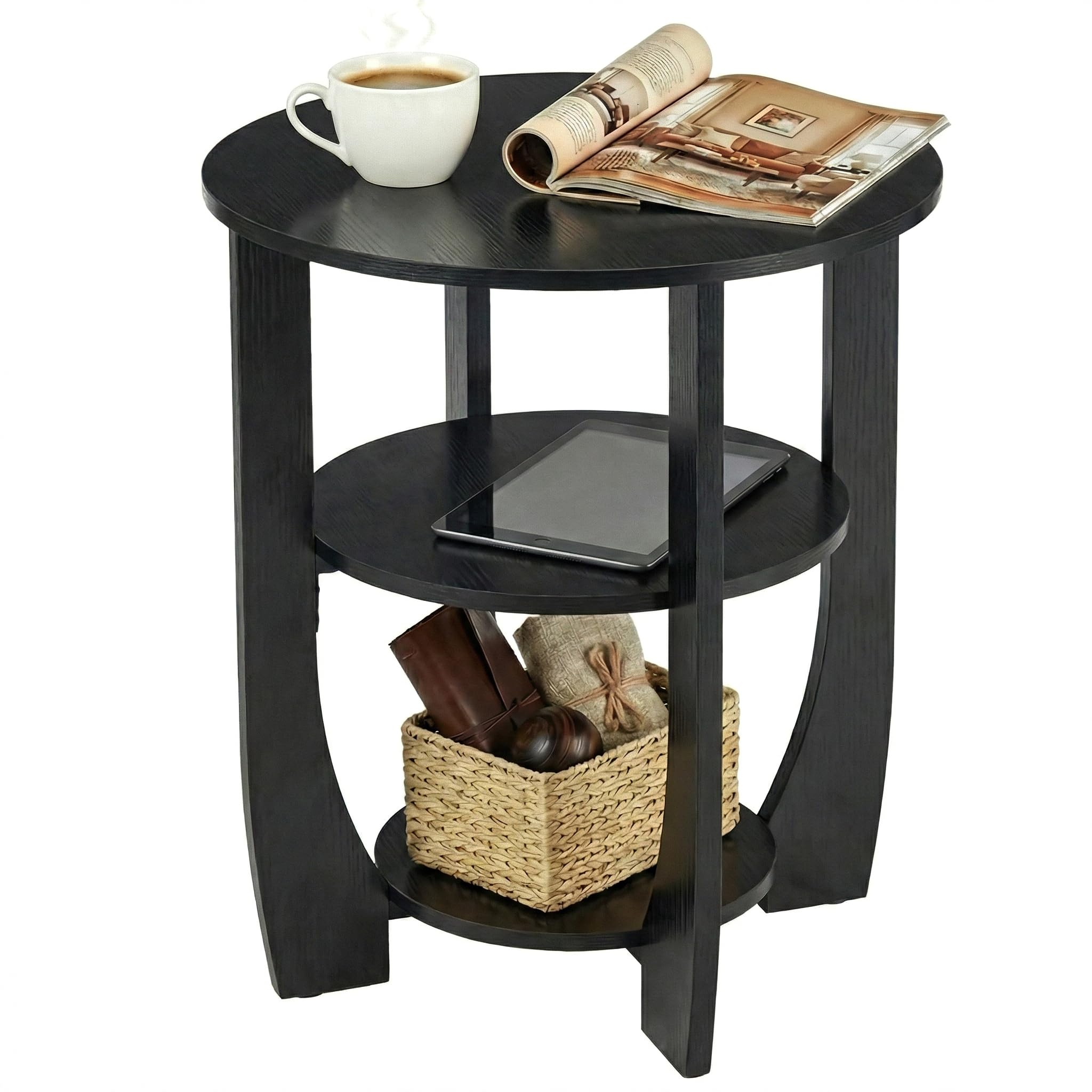 ZEXVIDA Round Side Table, 3-Tier End Table with Storage, 19.7 inch Black Accent Table,Nightstand for Bedroom Living Room, Modern Design for Couch, Sofa, Recliner, Small Space
