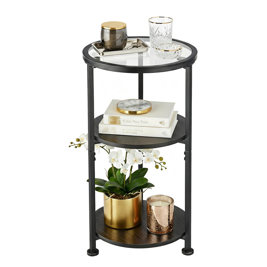ZEXVIDA Glass Side Table, Tempered Glass Small Round Side Table with 3-Tier Storage Shelves for Small Spaces, Modern Glass Round End Table for Living Room, Bedside Table Nightstand for Bedroom (Black)