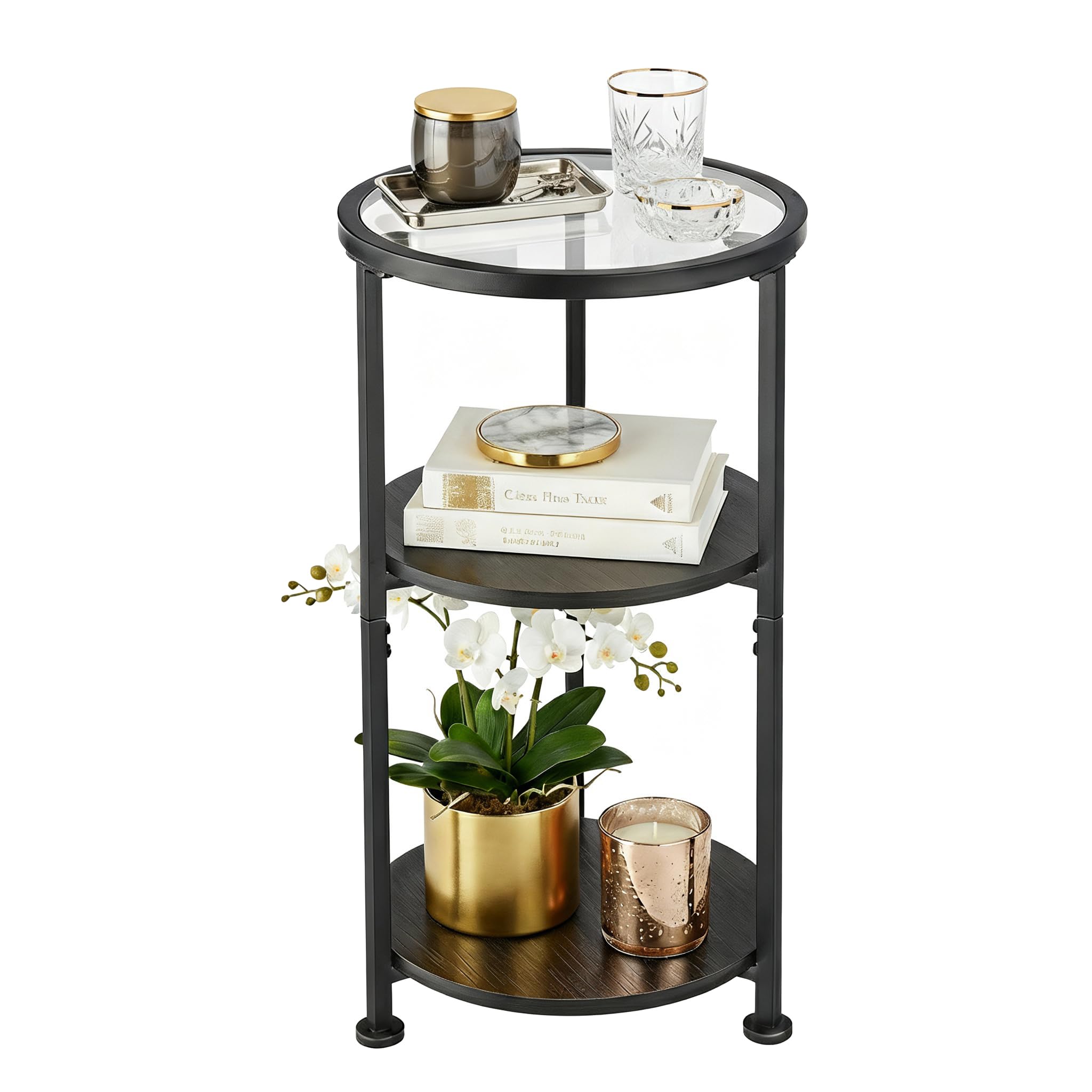 ZEXVIDA Glass Side Table, Tempered Glass Small Round Side Table with 3-Tier Storage Shelves for Small Spaces, Modern Glass Round End Table for Living Room, Bedside Table Nightstand for Bedroom (Black)