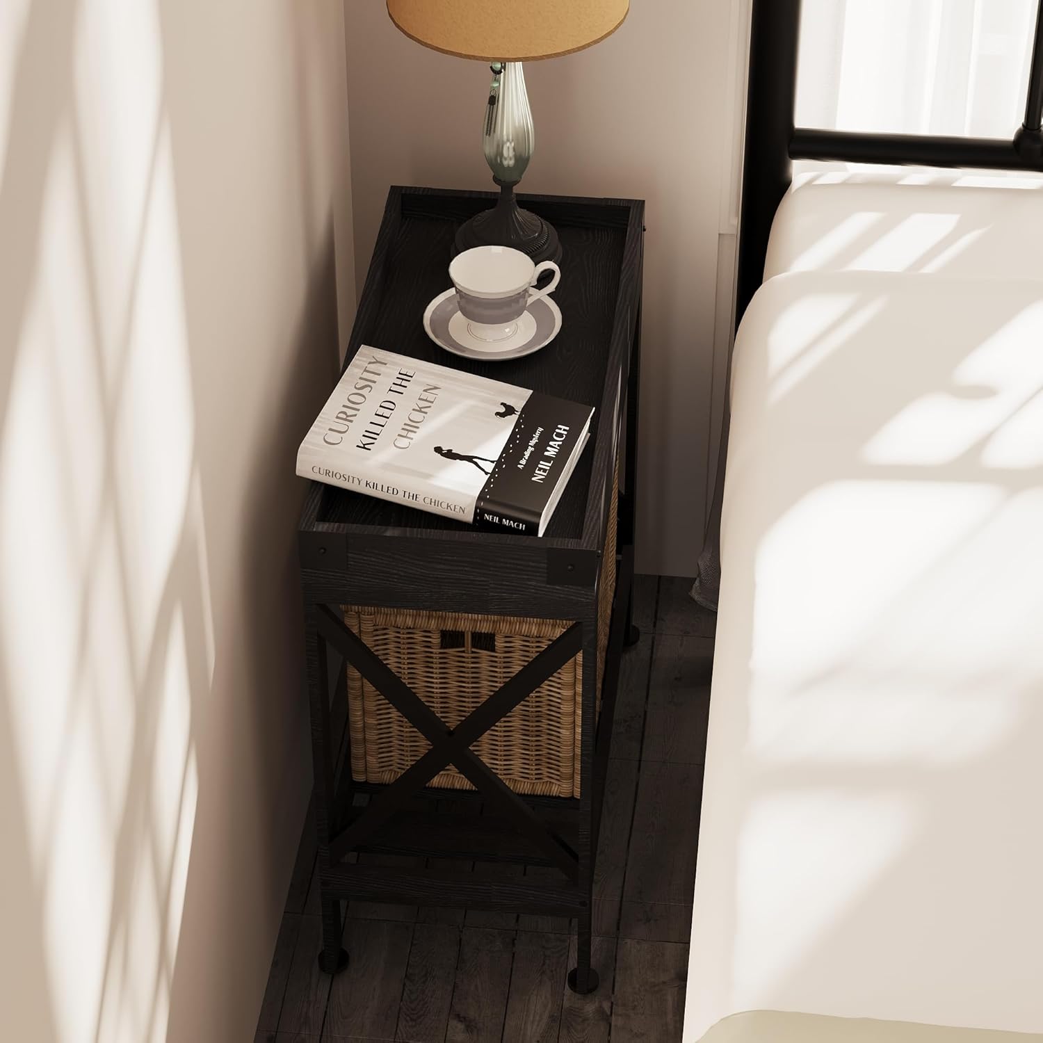 ZEXVIDA Narrow Side Table, Slim End Table with Charging Station for Small Spaces, with 2 USB and 2 Power Outlets, 21.7" L x 10" W x 21.7" H
