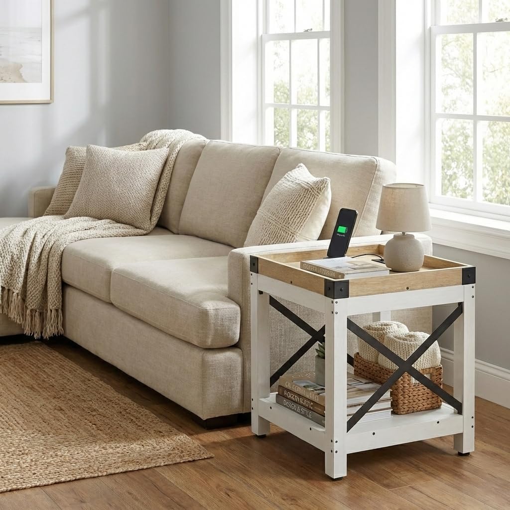 Farmhouse Side Table with Charging Station,Square End Table with 2-Tier Storage Shelf, Sofa Table With X-Metal Frame,Coffee Table Nightstand for Living Room Bedroom Small Spaces,Black,White+oak