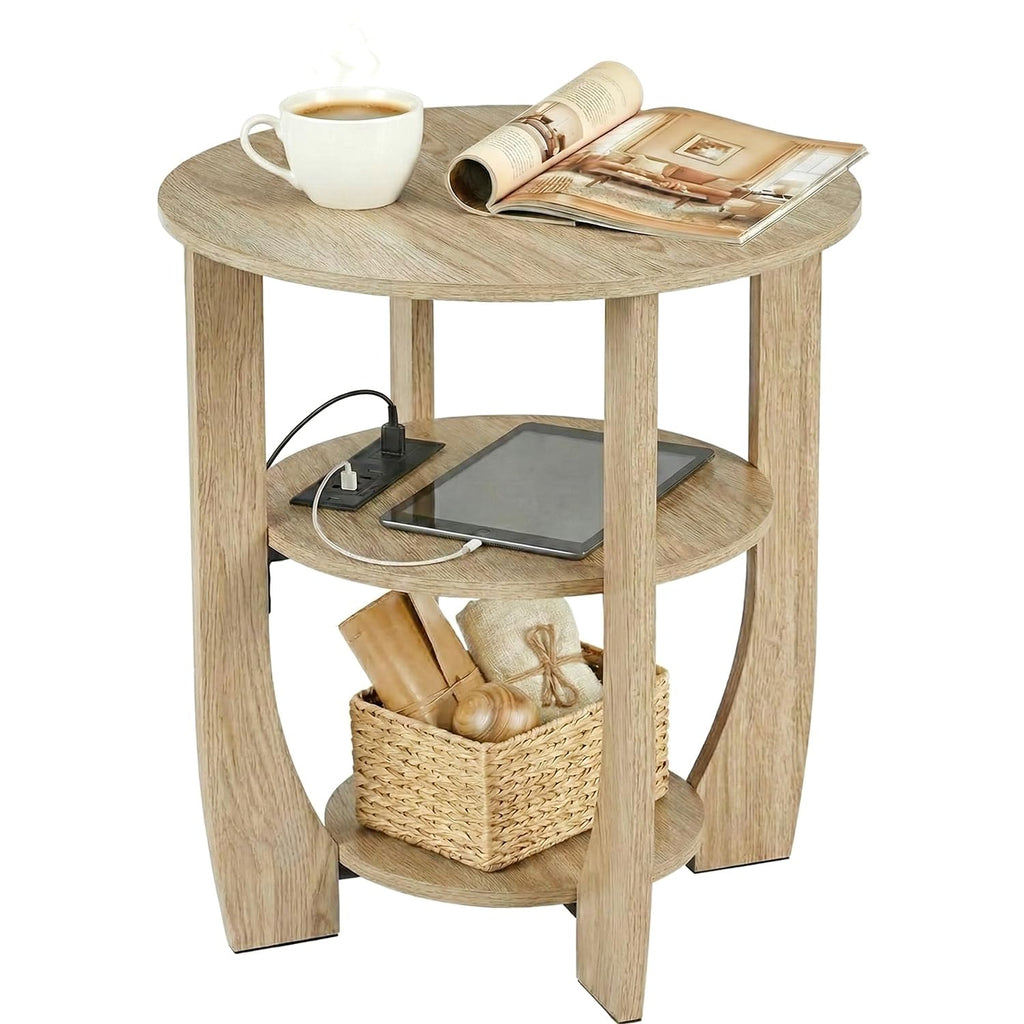 ZEXVIDA Round End Table with Charging Station, 3 Tier Oak Wood Side Table with USB Ports & Outlets, Small Nightstand Bedside Table with Storage Shelves for Bedroom, Living Room,Narrow Spaces