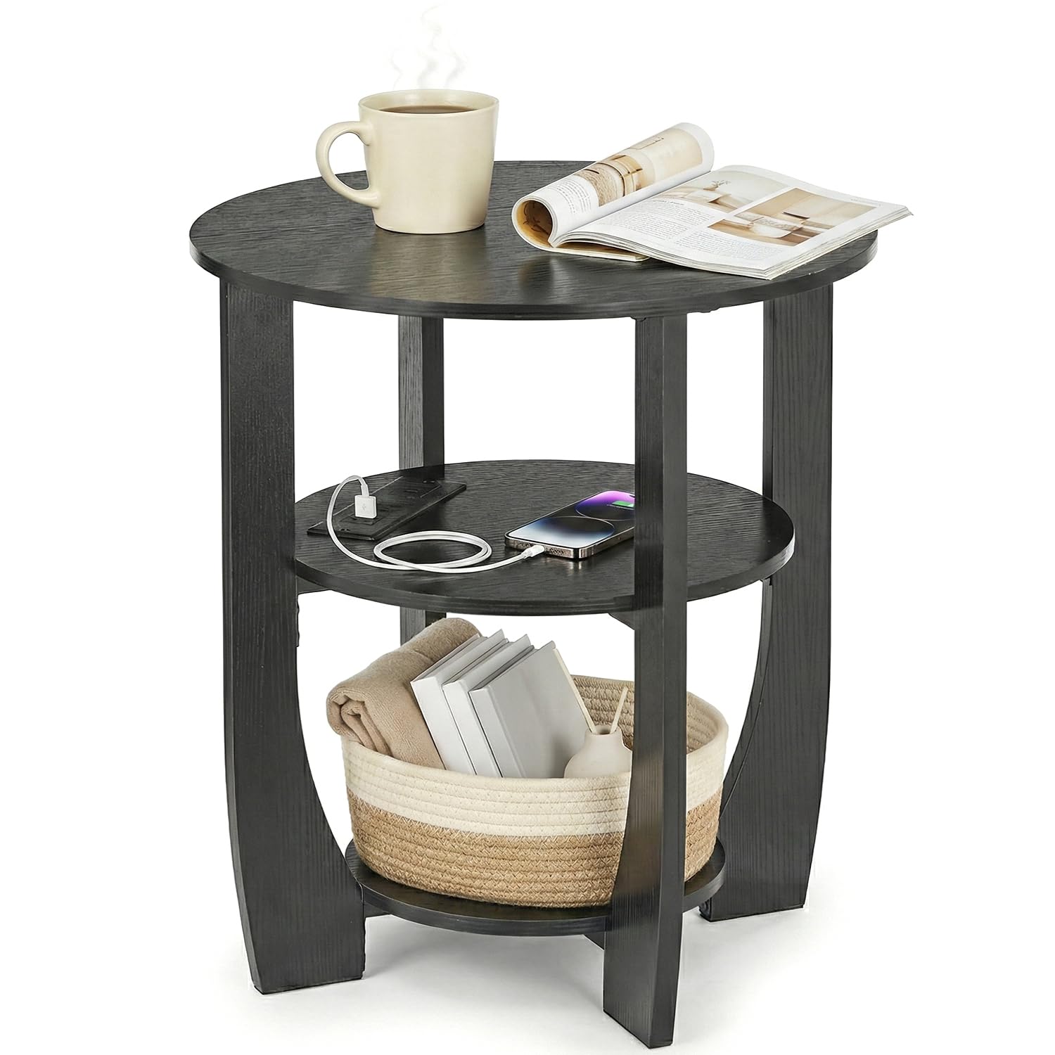 ZEXVIDA Black Round Side Table with Charging Station, 19.7" Modern End Table with USB Ports & Outlets, 3 Tier Circle Nightstand for Bedroom, Living Room, Small Spaces, Bedside Accent Table