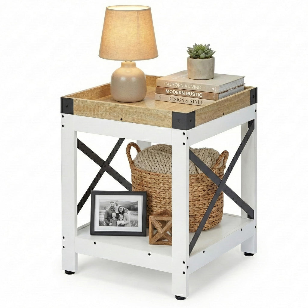 Farmhouse Square Side Table with 2-Tier Storage Shelf,Large End Table Modern Sofa Table with X-Metal Frame Industrial Coffee Table Nightstand for Living Room Bedroom Office and Small Spaces,White+Oak