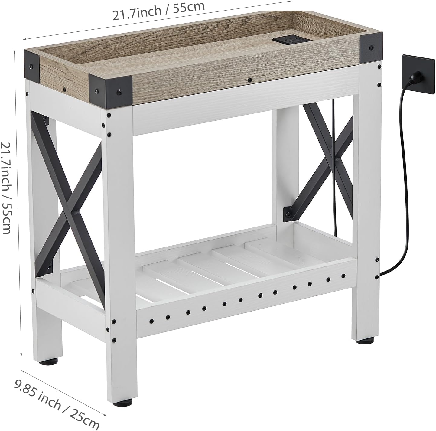 ZEXVIDA Narrow End Table with Charging Station, Modern Farmhouse Side Table with 2 USB Ports & Power Outlets, Slim Industrial Nightstand for Small Spaces, Living Room Sofa & Bedroom, 21.7" L x 10" W