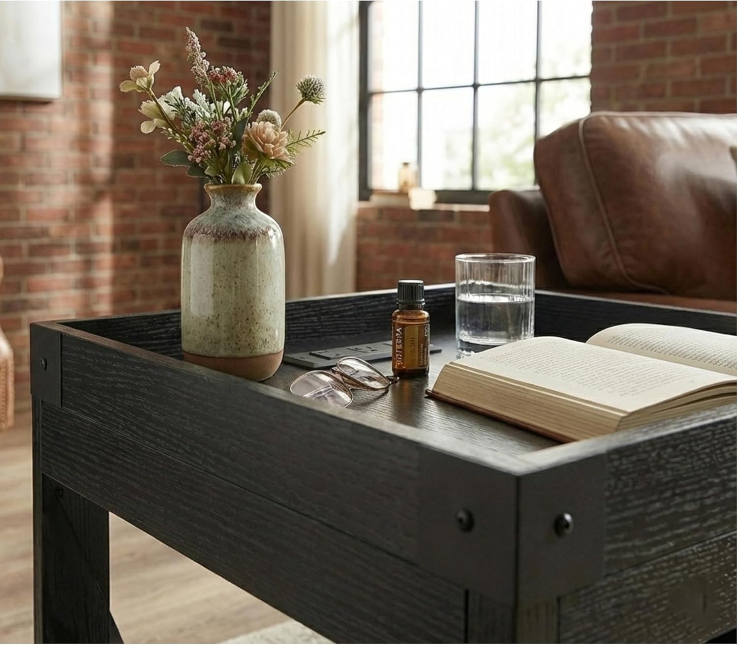Farmhouse Side Table with Charging Station,Square End Table with 2-Tier Storage Shelf, Sofa Table With X-Metal Frame Industrial Coffee Table Nightstand for Living Room Bedroom Small Spaces,Black