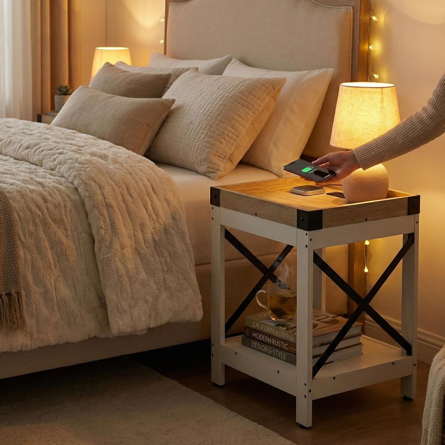 Farmhouse Side Table with Charging Station,Square End Table with 2-Tier Storage Shelf, Sofa Table With X-Metal Frame,Coffee Table Nightstand for Living Room Bedroom Small Spaces,Black,White+oak