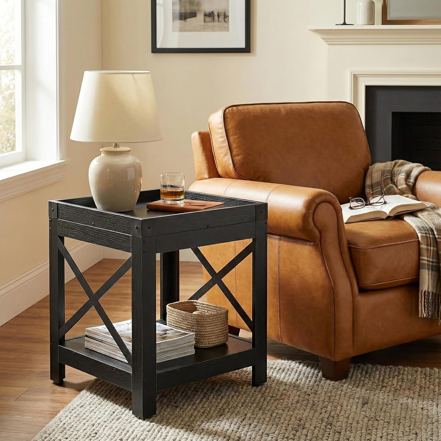 Farmhouse Square Side Table with Open Storage Shelves, Large End Table Modern Sofa Table with X-Metal Frame, Industrial Coffee Table Nightstand for Living Room Bedroom Office Small Spaces, Black
