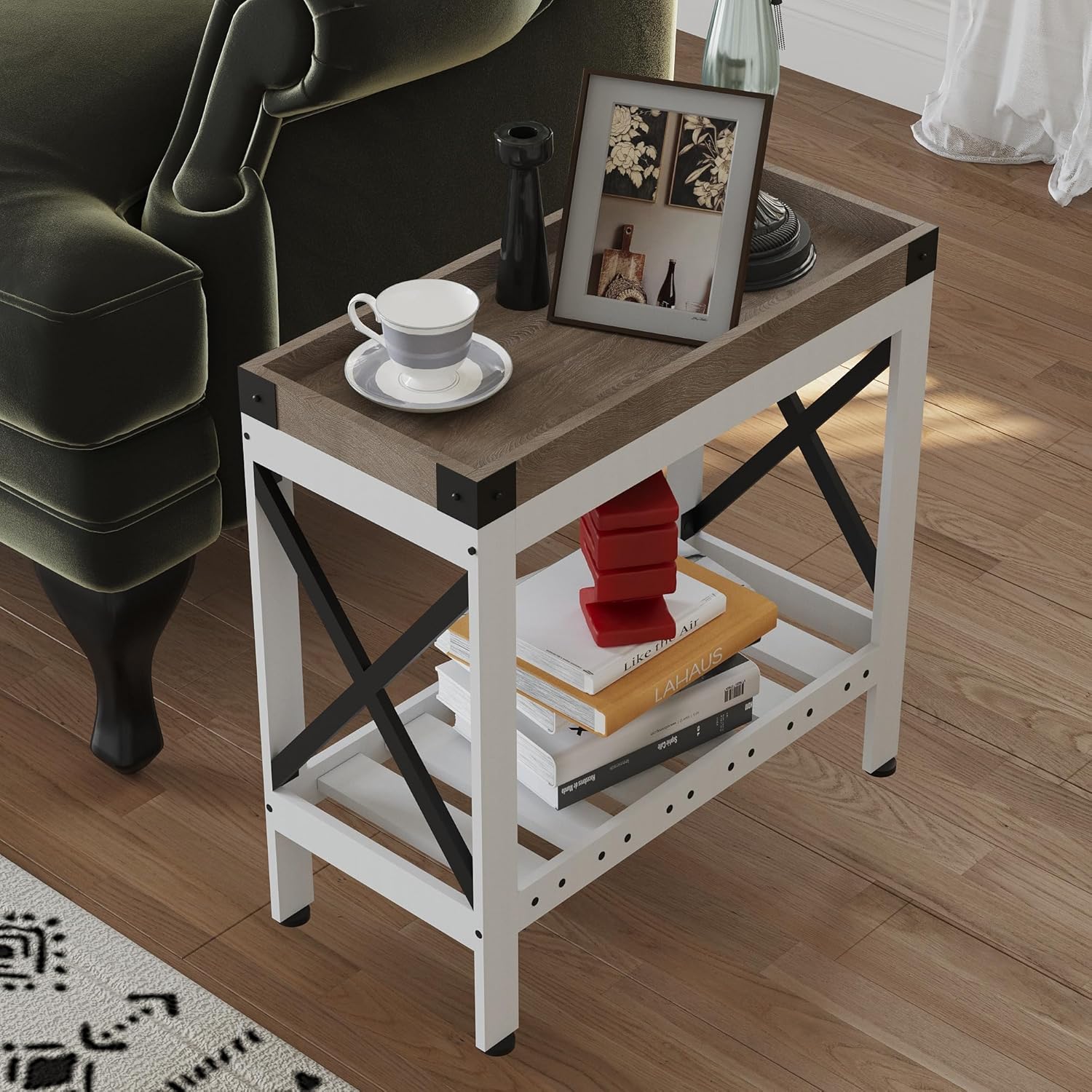 ZEXVIDA Narrow End Table with Charging Station, Modern Farmhouse Side Table with 2 USB Ports & Power Outlets, Slim Industrial Nightstand for Small Spaces, Living Room Sofa & Bedroom, 21.7" L x 10" W