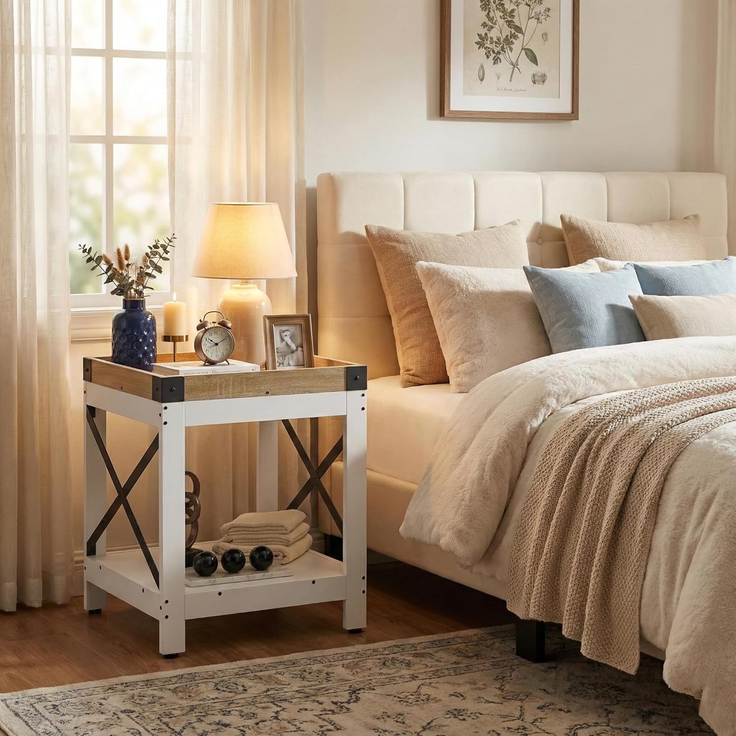 Farmhouse Square Side Table with 2-Tier Storage Shelf,Large End Table Modern Sofa Table with X-Metal Frame Industrial Coffee Table Nightstand for Living Room Bedroom Office and Small Spaces,White+Oak