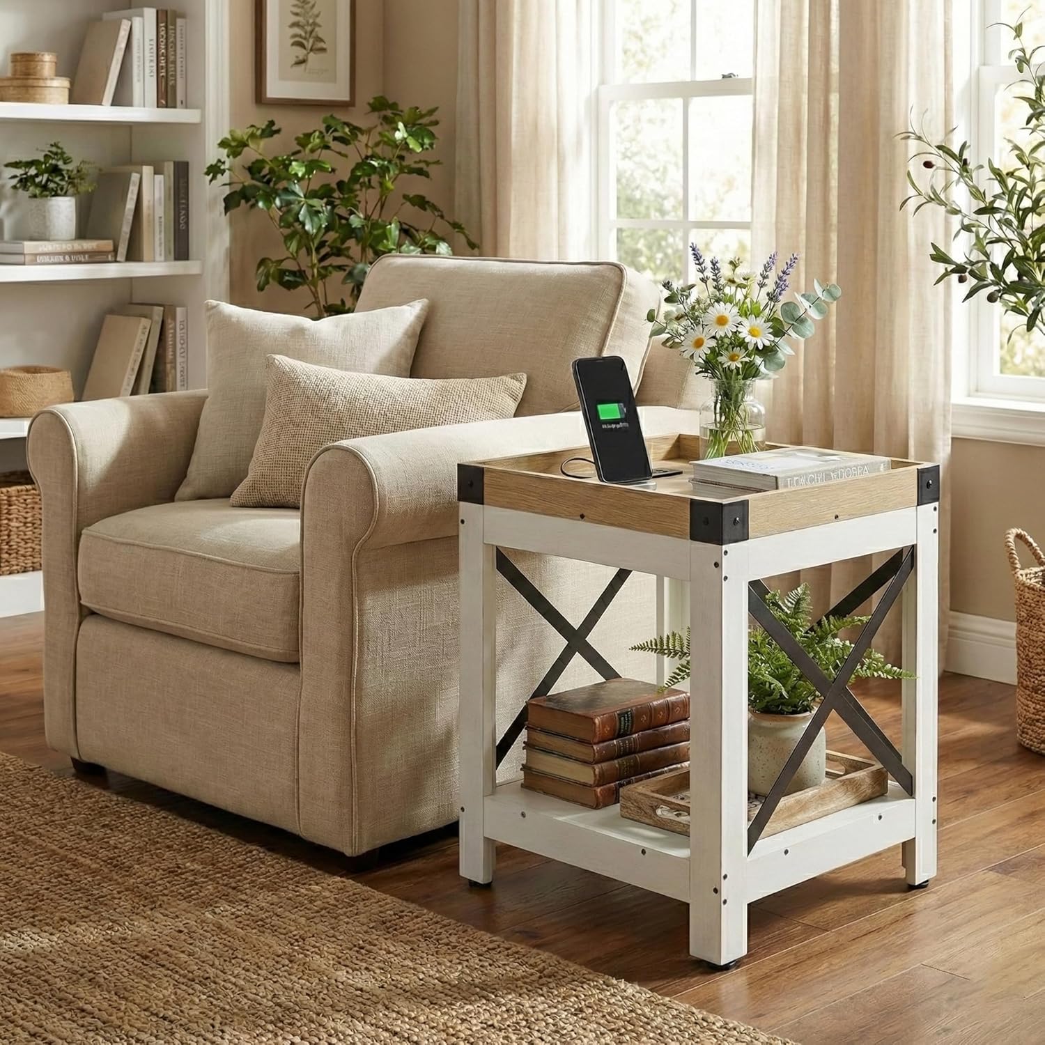 Farmhouse Side Table with Charging Station,Square End Table with 2-Tier Storage Shelf, Sofa Table With X-Metal Frame,Coffee Table Nightstand for Living Room Bedroom Small Spaces,Black,White+oak