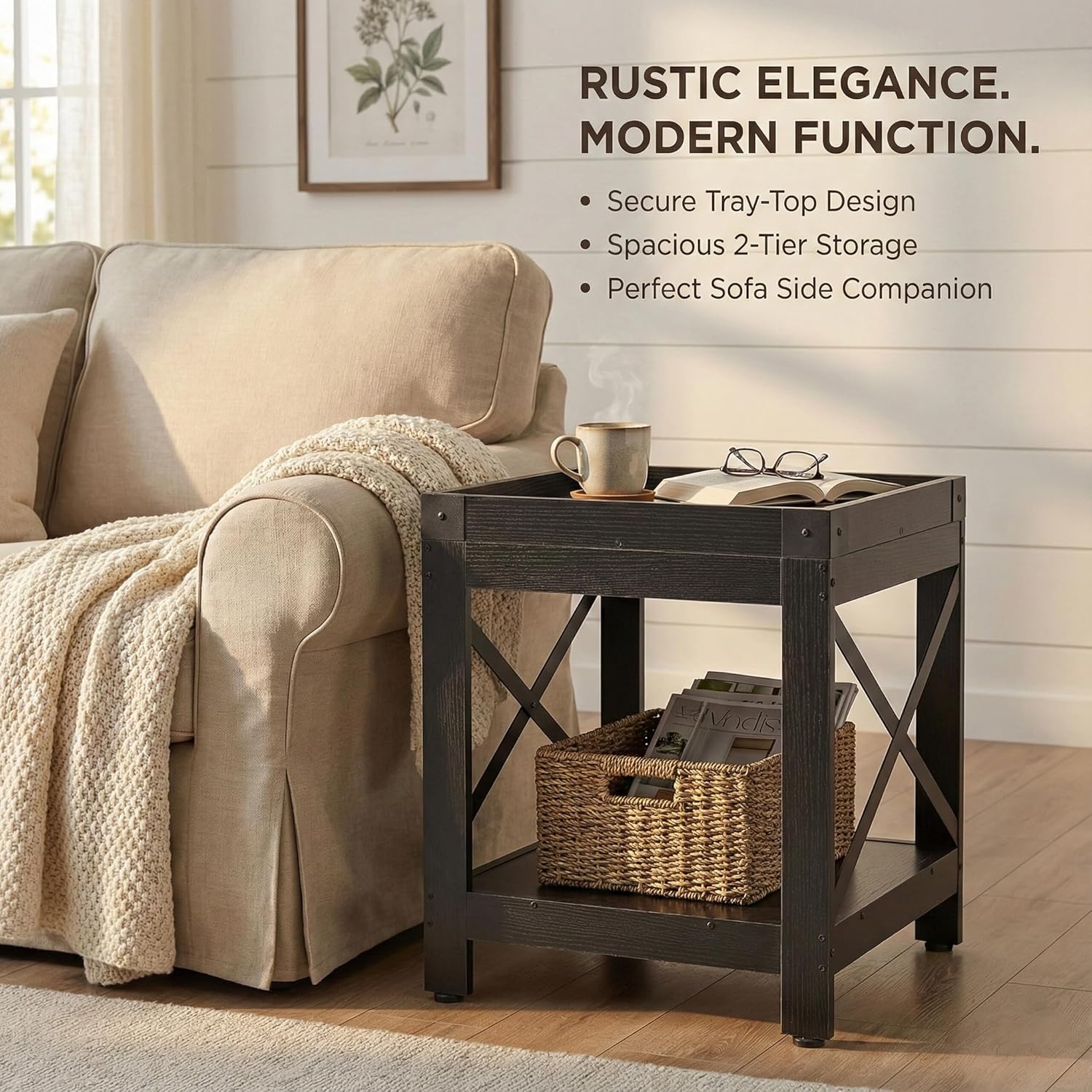 Farmhouse Square Side Table with Open Storage Shelves, Large End Table Modern Sofa Table with X-Metal Frame, Industrial Coffee Table Nightstand for Living Room Bedroom Office Small Spaces, Black