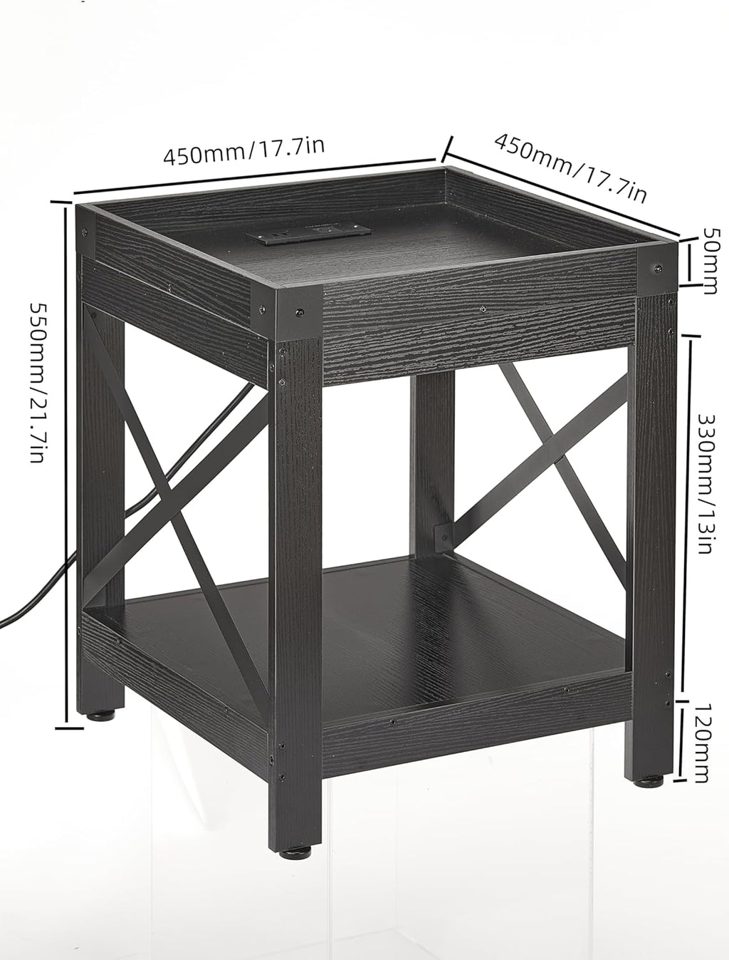 Farmhouse Side Table with Charging Station,Square End Table with 2-Tier Storage Shelf, Sofa Table With X-Metal Frame Industrial Coffee Table Nightstand for Living Room Bedroom Small Spaces,Black