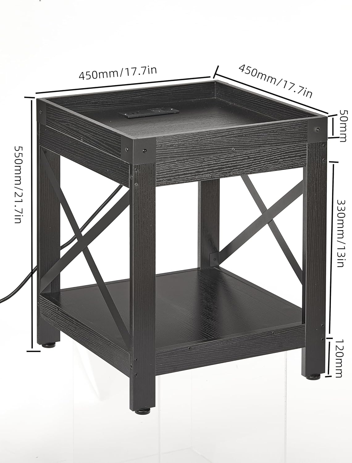 Farmhouse Side Table with Charging Station,Square End Table with 2-Tier Storage Shelf, Sofa Table With X-Metal Frame Industrial Coffee Table Nightstand for Living Room Bedroom Small Spaces,Black