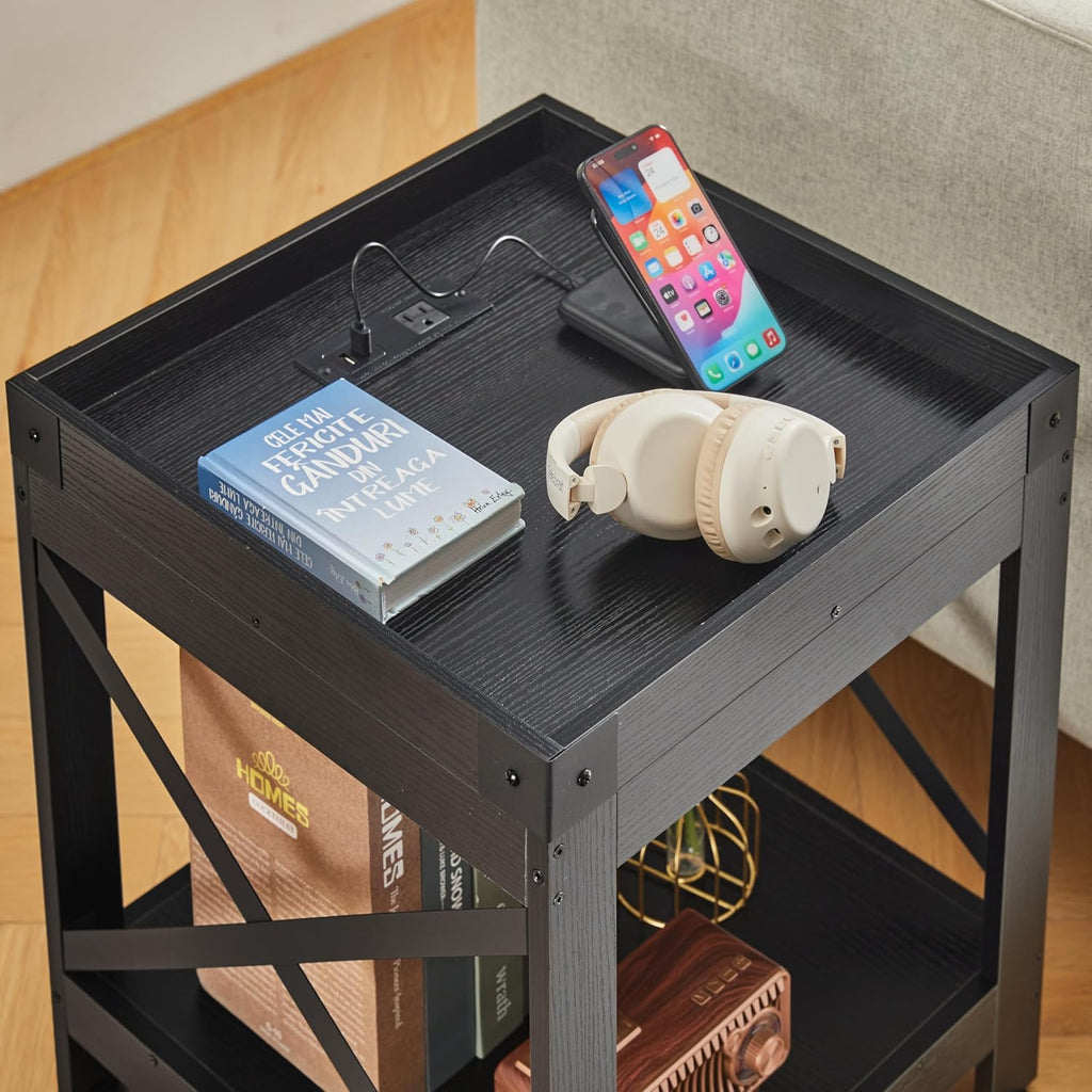 Farmhouse Side Table with Charging Station,Square End Table with 2-Tier Storage Shelf, Sofa Table With X-Metal Frame Industrial Coffee Table Nightstand for Living Room Bedroom Small Spaces,Black