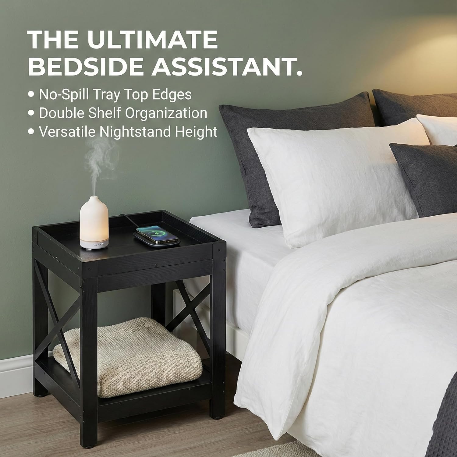 Farmhouse Square Side Table with Open Storage Shelves, Large End Table Modern Sofa Table with X-Metal Frame, Industrial Coffee Table Nightstand for Living Room Bedroom Office Small Spaces, Black