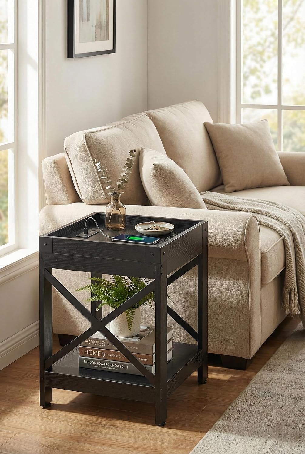 Farmhouse Side Table with Charging Station,Square End Table with 2-Tier Storage Shelf, Sofa Table With X-Metal Frame Industrial Coffee Table Nightstand for Living Room Bedroom Small Spaces,Black
