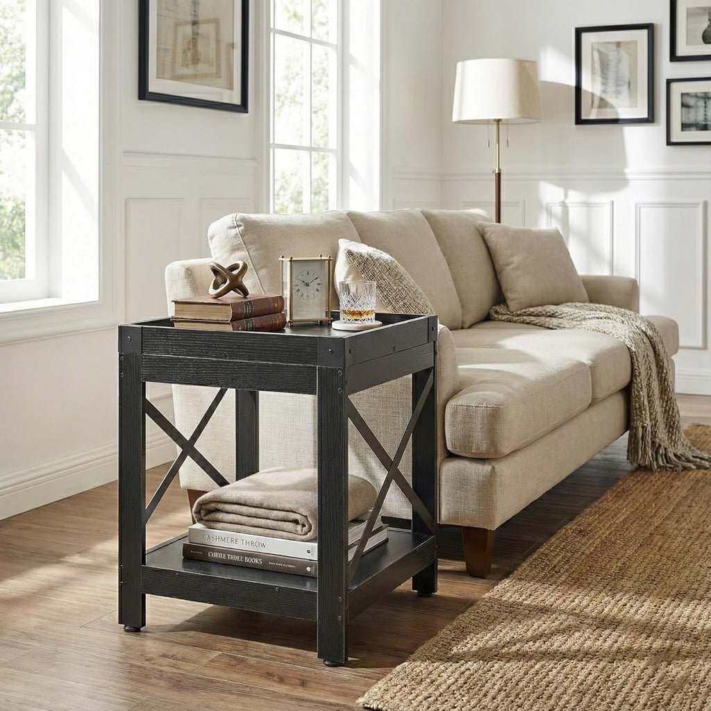 Farmhouse Square Side Table with Open Storage Shelves, Large End Table Modern Sofa Table with X-Metal Frame, Industrial Coffee Table Nightstand for Living Room Bedroom Office Small Spaces, Black