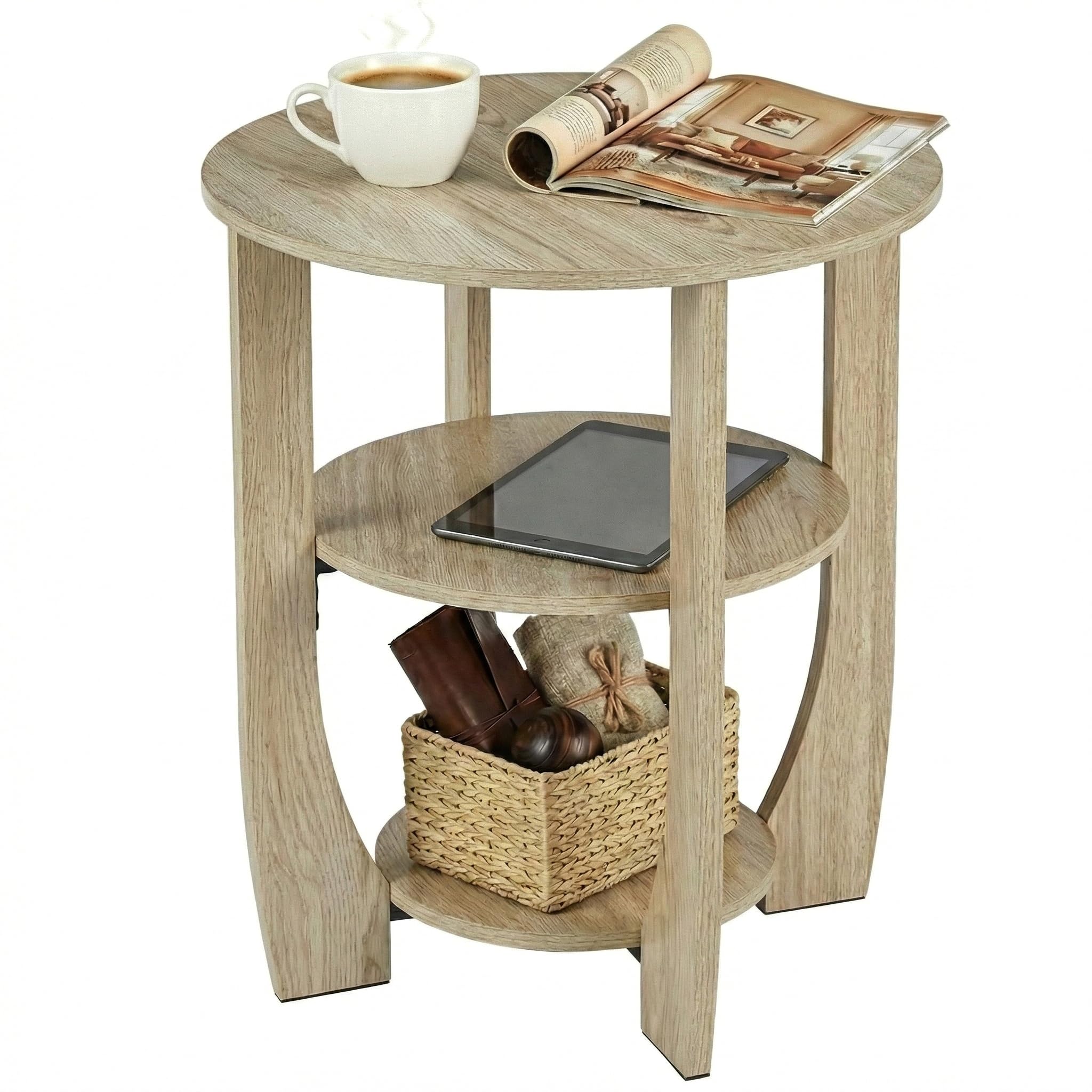 ZEXVIDA Round Side Table, 3-Tier End Table with Storage, 19.7 inch Oak Accent Table,Nightstand for Bedroom Living Room, Farmhouse Design for Couch, Sofa, Recliner, Small Space