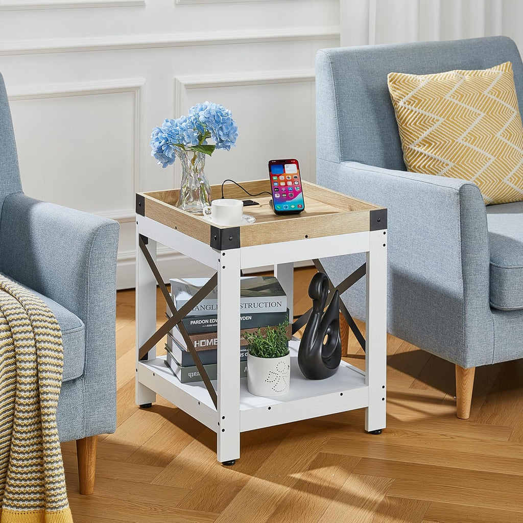 Farmhouse Side Table with Charging Station,Square End Table with 2-Tier Storage Shelf, Sofa Table With X-Metal Frame,Coffee Table Nightstand for Living Room Bedroom Small Spaces,Black,White+oak