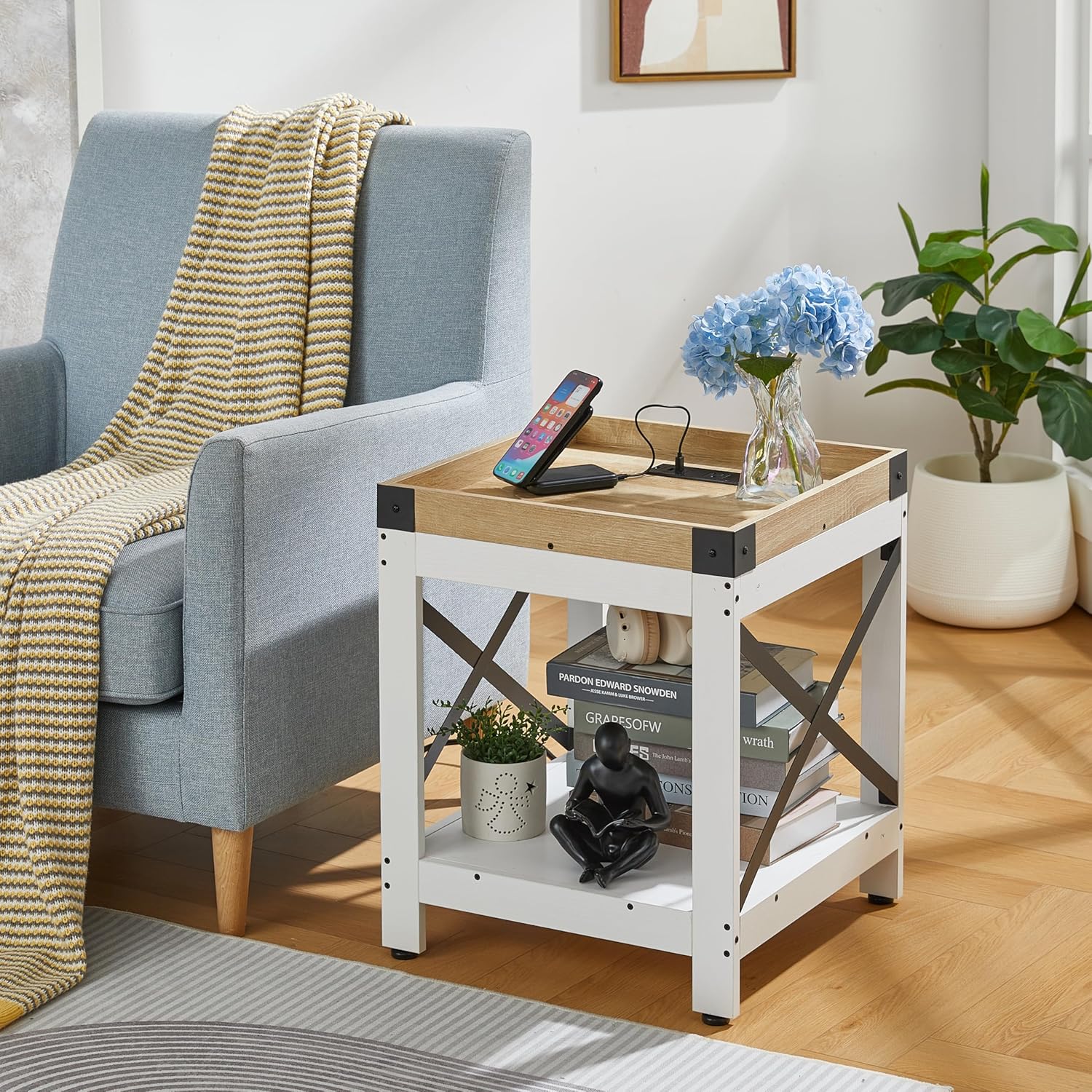 Farmhouse Side Table with Charging Station,Square End Table with 2-Tier Storage Shelf, Sofa Table With X-Metal Frame,Coffee Table Nightstand for Living Room Bedroom Small Spaces,Black,White+oak