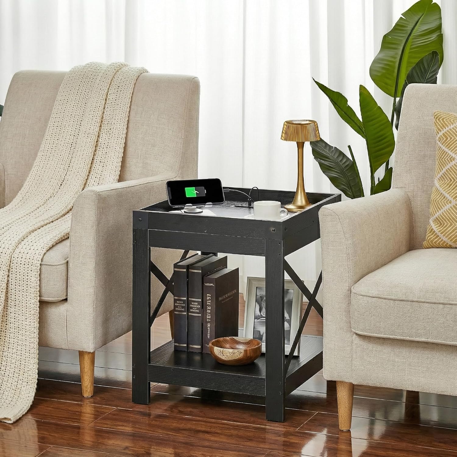 Farmhouse Side Table with Charging Station,Square End Table with 2-Tier Storage Shelf, Sofa Table With X-Metal Frame Industrial Coffee Table Nightstand for Living Room Bedroom Small Spaces,Black
