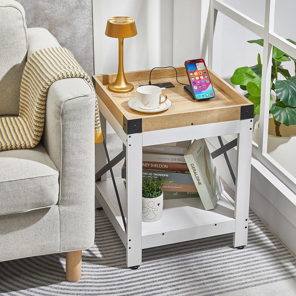 Farmhouse Side Table with Charging Station,Square End Table with 2-Tier Storage Shelf, Sofa Table With X-Metal Frame,Coffee Table Nightstand for Living Room Bedroom Small Spaces,Black,White+oak