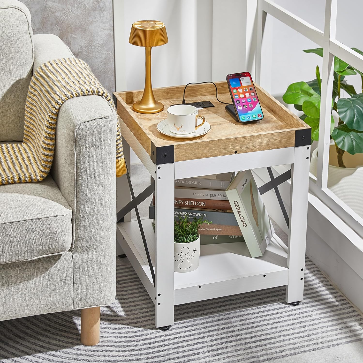 Farmhouse Side Table with Charging Station,Square End Table with 2-Tier Storage Shelf, Sofa Table With X-Metal Frame,Coffee Table Nightstand for Living Room Bedroom Small Spaces,Black,White+oak