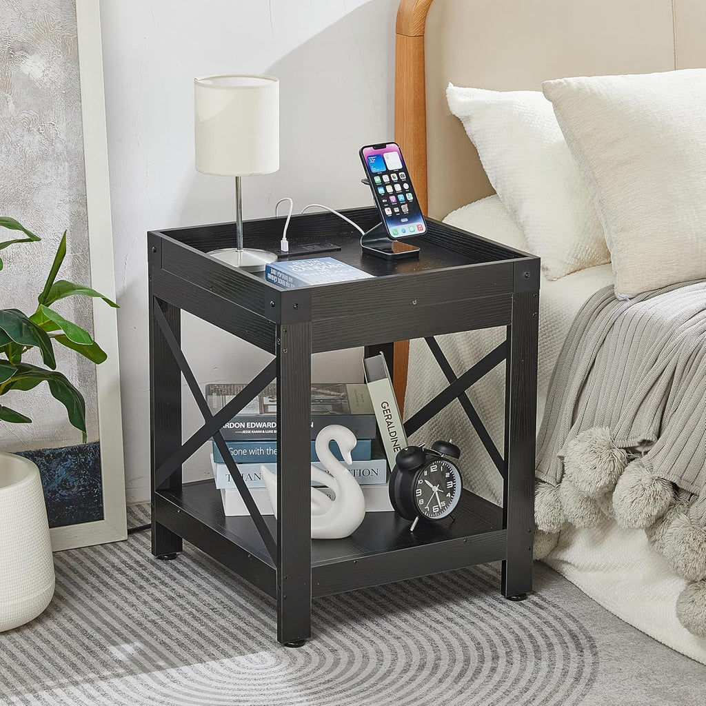 Farmhouse Side Table with Charging Station,Square End Table with 2-Tier Storage Shelf, Sofa Table With X-Metal Frame Industrial Coffee Table Nightstand for Living Room Bedroom Small Spaces,Black