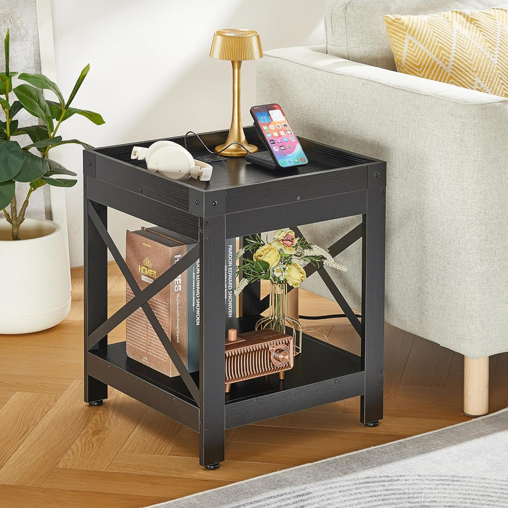 Farmhouse Side Table with Charging Station,Square End Table with 2-Tier Storage Shelf, Sofa Table With X-Metal Frame Industrial Coffee Table Nightstand for Living Room Bedroom Small Spaces,Black