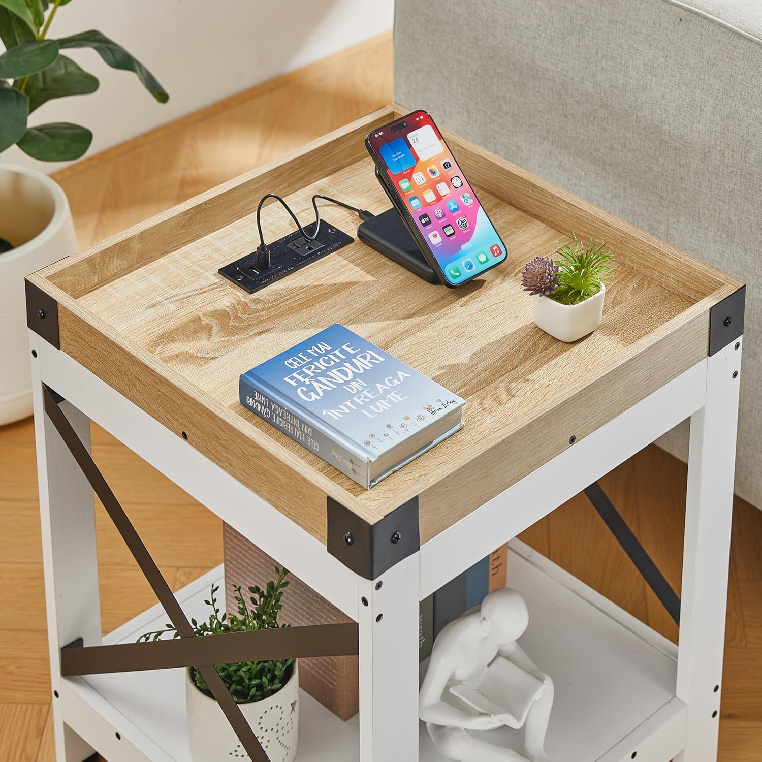 Farmhouse Side Table with Charging Station,Square End Table with 2-Tier Storage Shelf, Sofa Table With X-Metal Frame,Coffee Table Nightstand for Living Room Bedroom Small Spaces,Black,White+oak