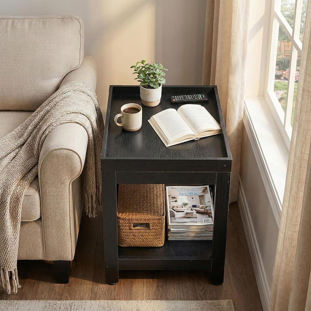 Farmhouse Square Side Table with Open Storage Shelves, Large End Table Modern Sofa Table with X-Metal Frame, Industrial Coffee Table Nightstand for Living Room Bedroom Office Small Spaces, Black