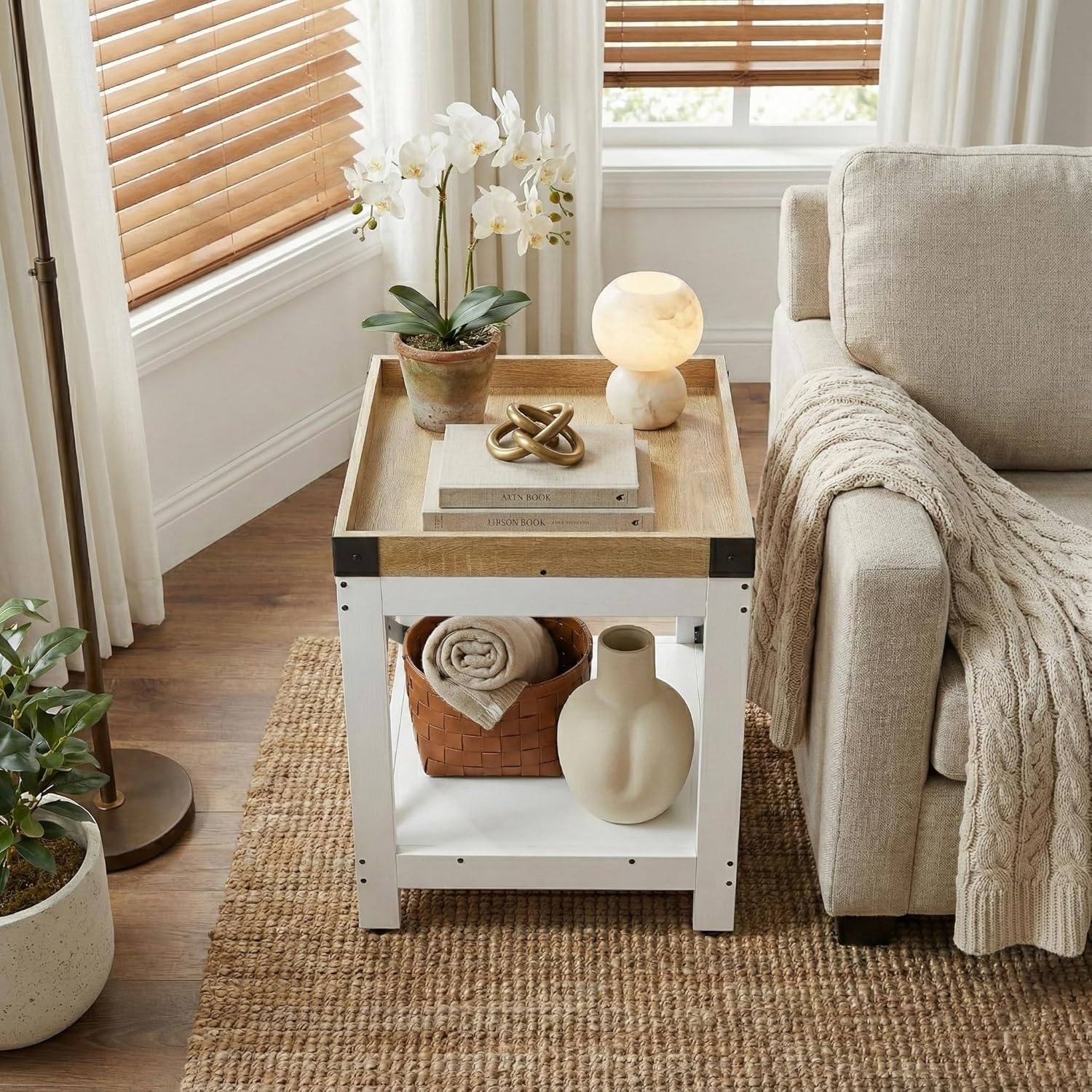 Farmhouse Square Side Table with 2-Tier Storage Shelf,Large End Table Modern Sofa Table with X-Metal Frame Industrial Coffee Table Nightstand for Living Room Bedroom Office and Small Spaces,White+Oak