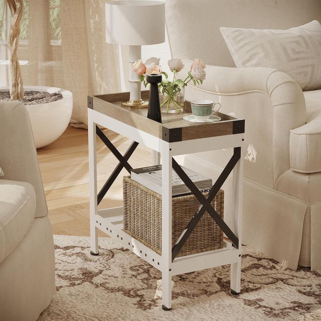 ZEXVIDA Narrow End Table with Charging Station, Modern Farmhouse Side Table with 2 USB Ports & Power Outlets, Slim Industrial Nightstand for Small Spaces, Living Room Sofa & Bedroom, 21.7" L x 10" W