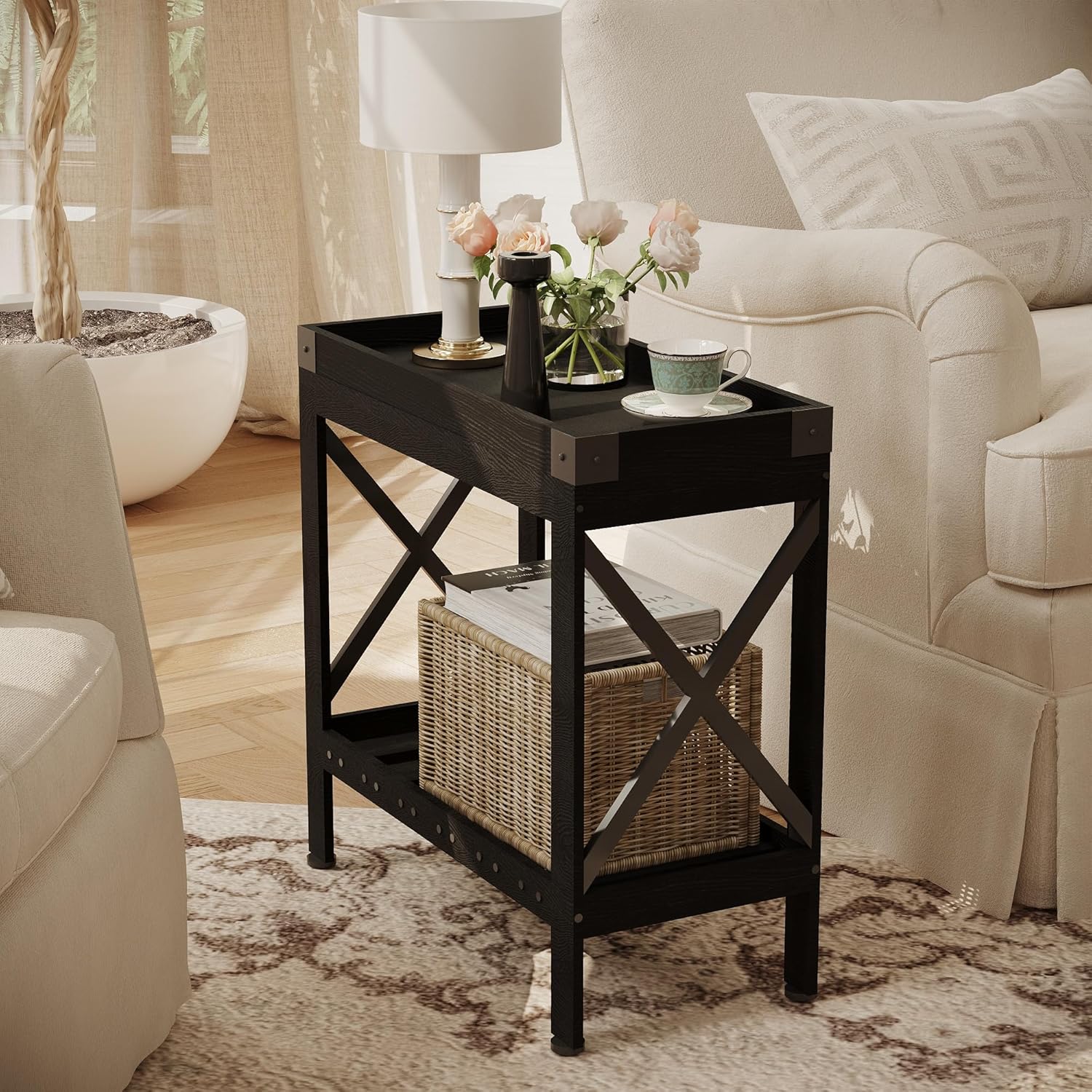 ZEXVIDA Narrow Side Table, Slim End Table with Charging Station for Small Spaces, with 2 USB and 2 Power Outlets, 21.7" L x 10" W x 21.7" H