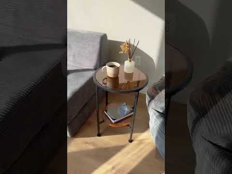 ZEXVIDA Round Side Table with Tempered Amber Glass Top, 2 Tier Vintage Industrial End Table with Rustic Wood Shelf, Bronze Tinted Bedside Table with Black Metal Frame for Living Room, Small Spaces