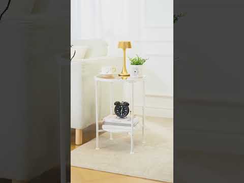 ZEXVIDA 2 Tier Round Side Table with Tempered Amber Glass Top, White Metal End Table for Small Spaces, Bedroom, Living Room,Cute Retro Aesthetic Nightstand, Modern Vibe Accent Table for Plant & Decor